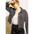 DENIM CROP JACKET WITH PEARL STUDS