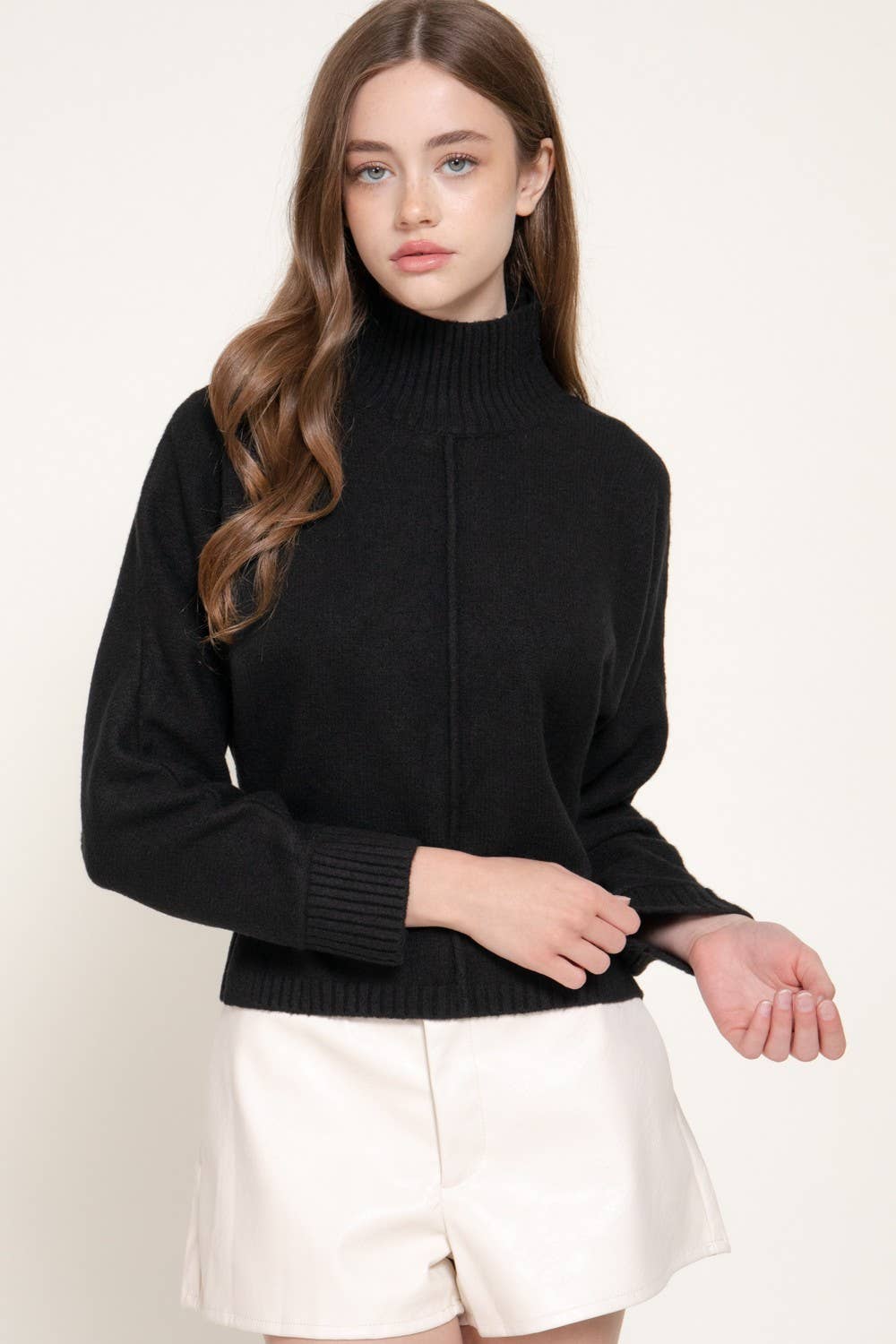 Long Slv High Neck Sweater Top