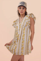ND31775-Button Down Printed Ruffle Sleeve Mini Dress