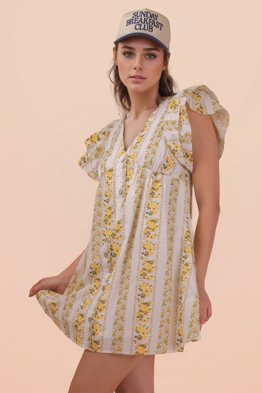 ND31775-Button Down Printed Ruffle Sleeve Mini Dress
