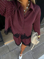 Striped Button Down Shirt & Lace Trim High Waist Shorts Set