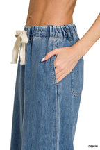 Wide Leg Drawstring Elastic Waistband Denim Pants w/ Pockets