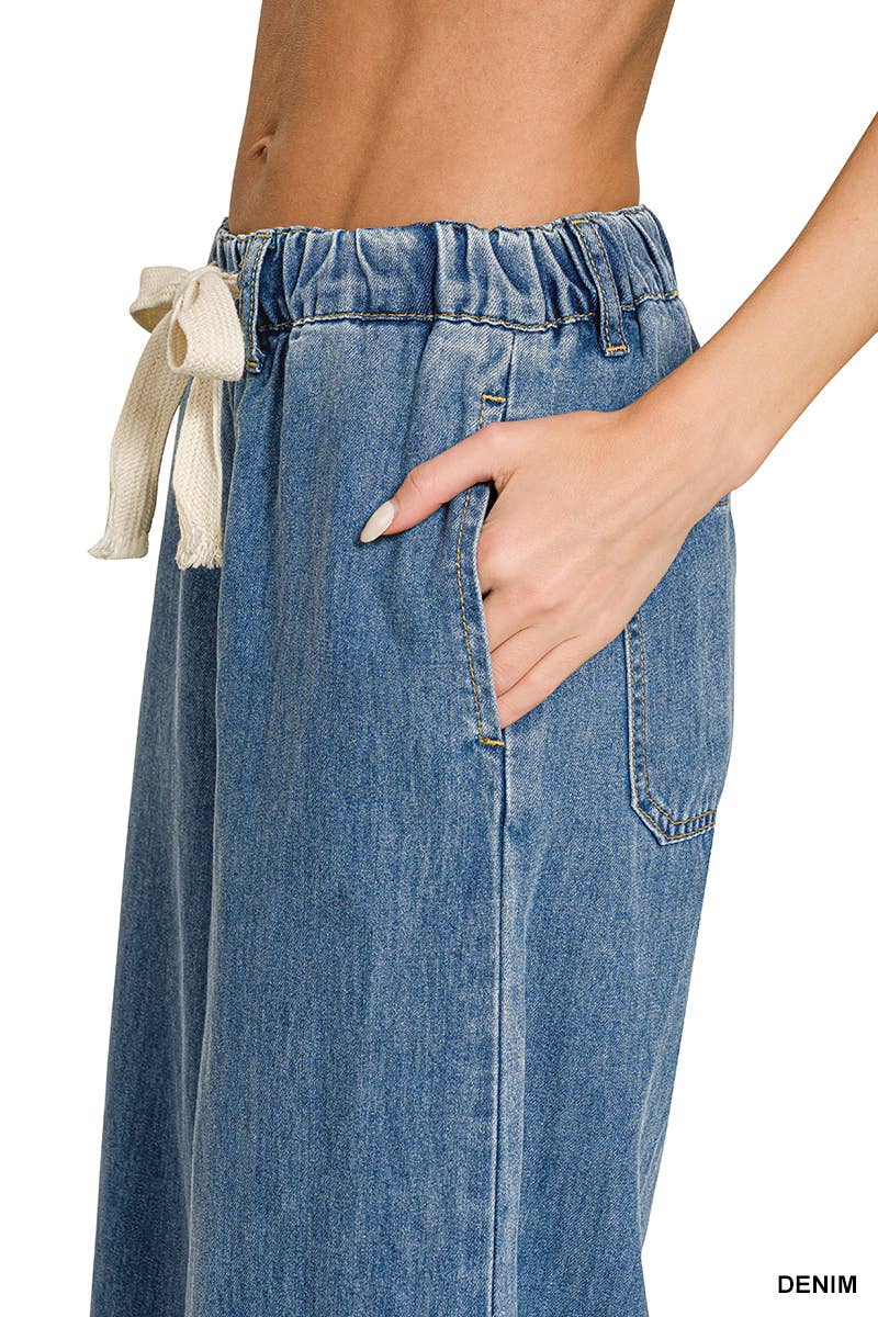 Wide Leg Drawstring Elastic Waistband Denim Pants w/ Pockets