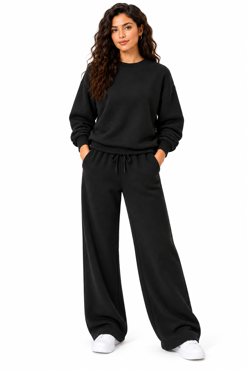 Fleece lined sweat shirt with wide leg loungewear 2 pcs set