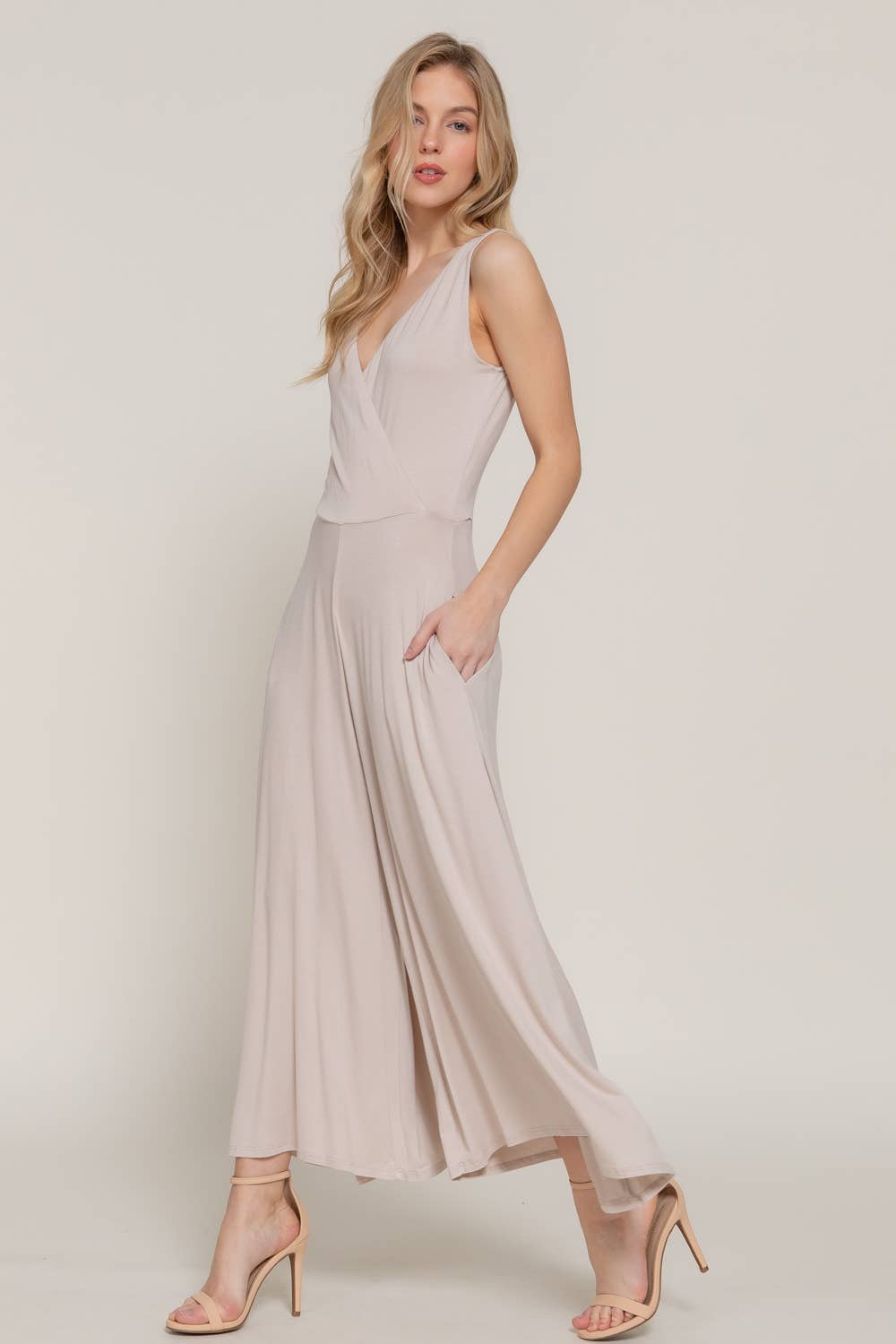 Sleeveless Double V-Neck Surplice Knit Jumpsuit