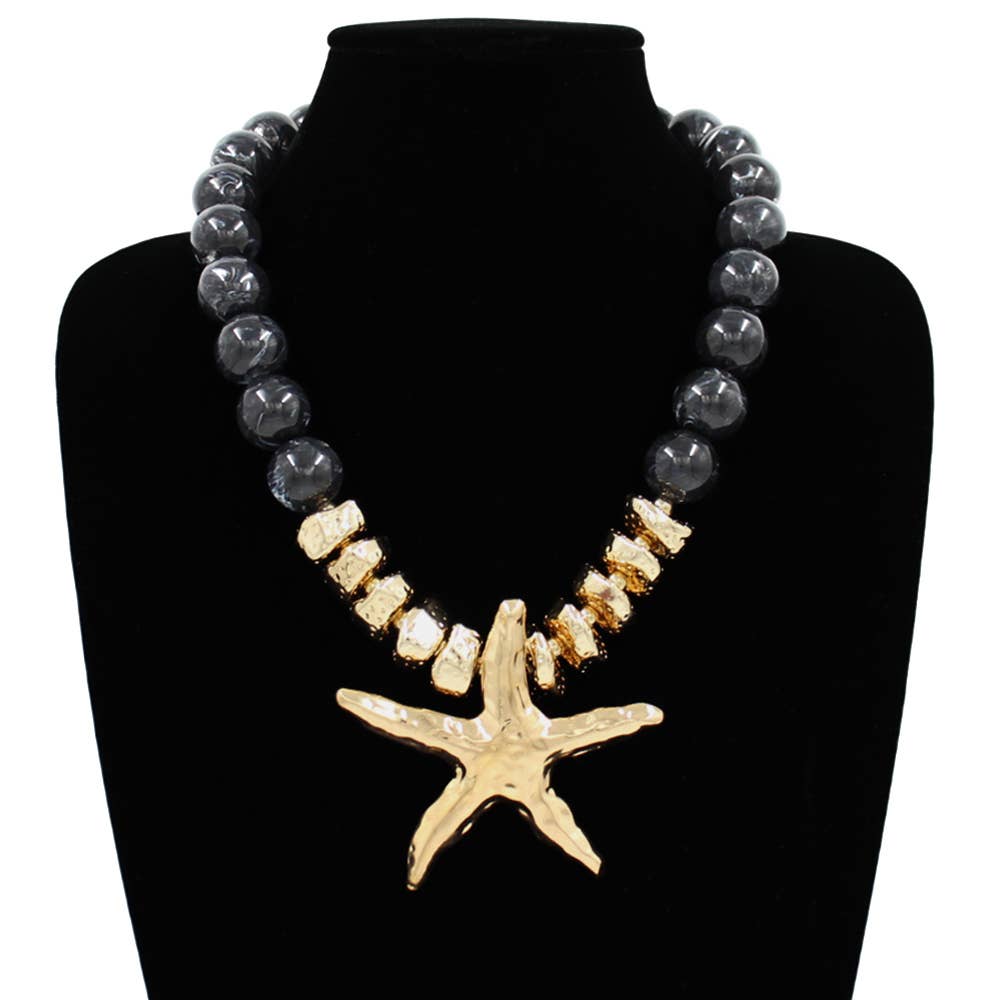Bold Texture Metal Starfish Pendant Accent Beaded Statement Necklace