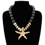Bold Texture Metal Starfish Pendant Accent Beaded Statement Necklace