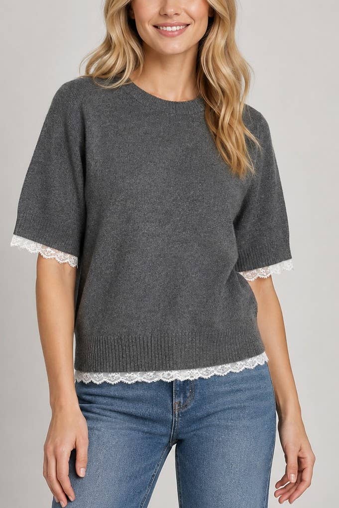 Lace Trimmed Short-sleeved Sweater