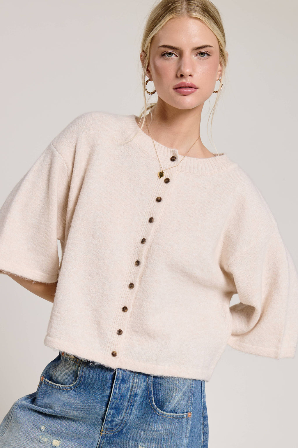 Wide Sleeve Button Front Knit Cardigan