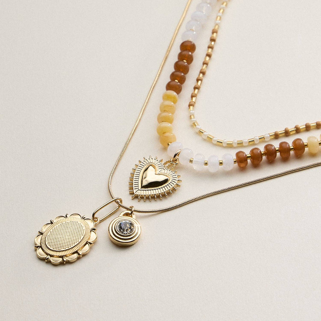 Layered Beaded and Pendant Necklace Set with Gold Accents | Heart and Charm Detail