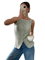 Striped Knit Tank Button Front Sleeveless Casual Summer Top