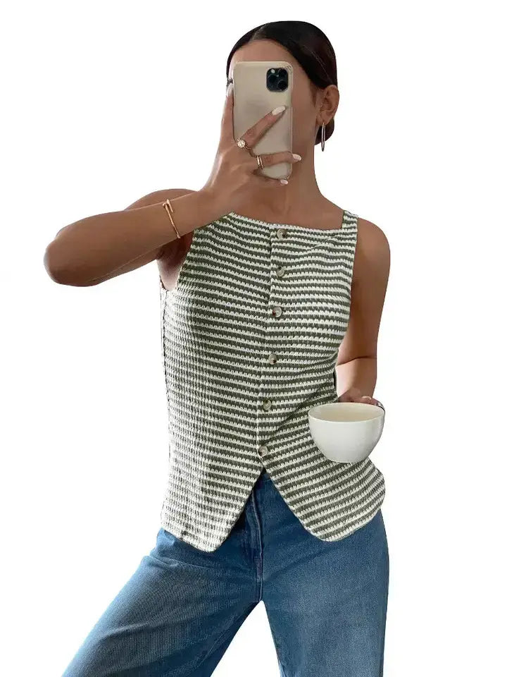 Striped Knit Tank Button Front Sleeveless Casual Summer Top