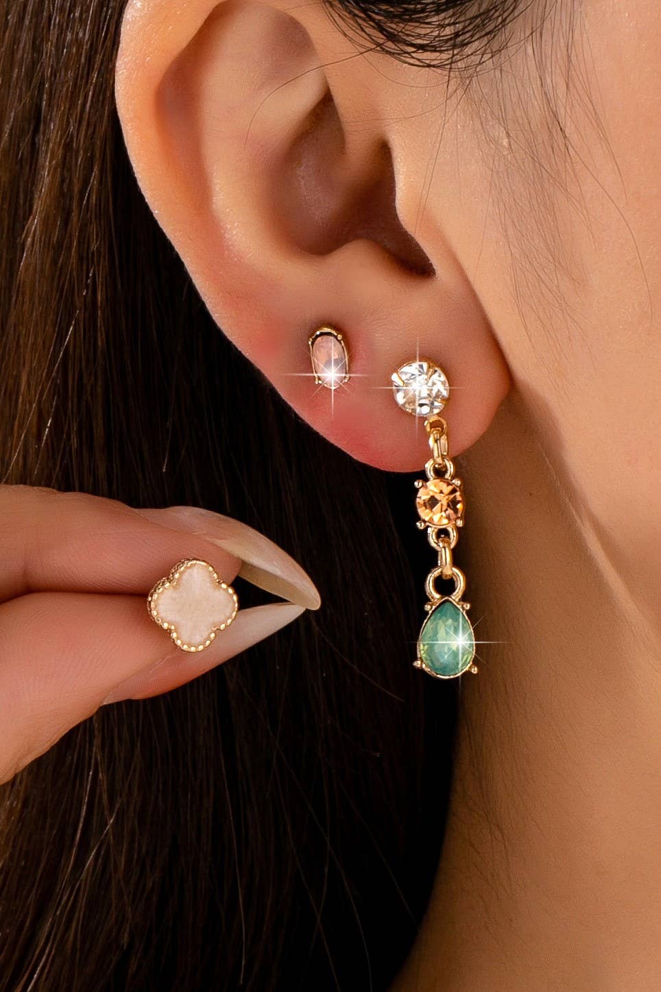 Mixed Clover Rhinestone Stud Drop Trio Earring Set| 80E62676