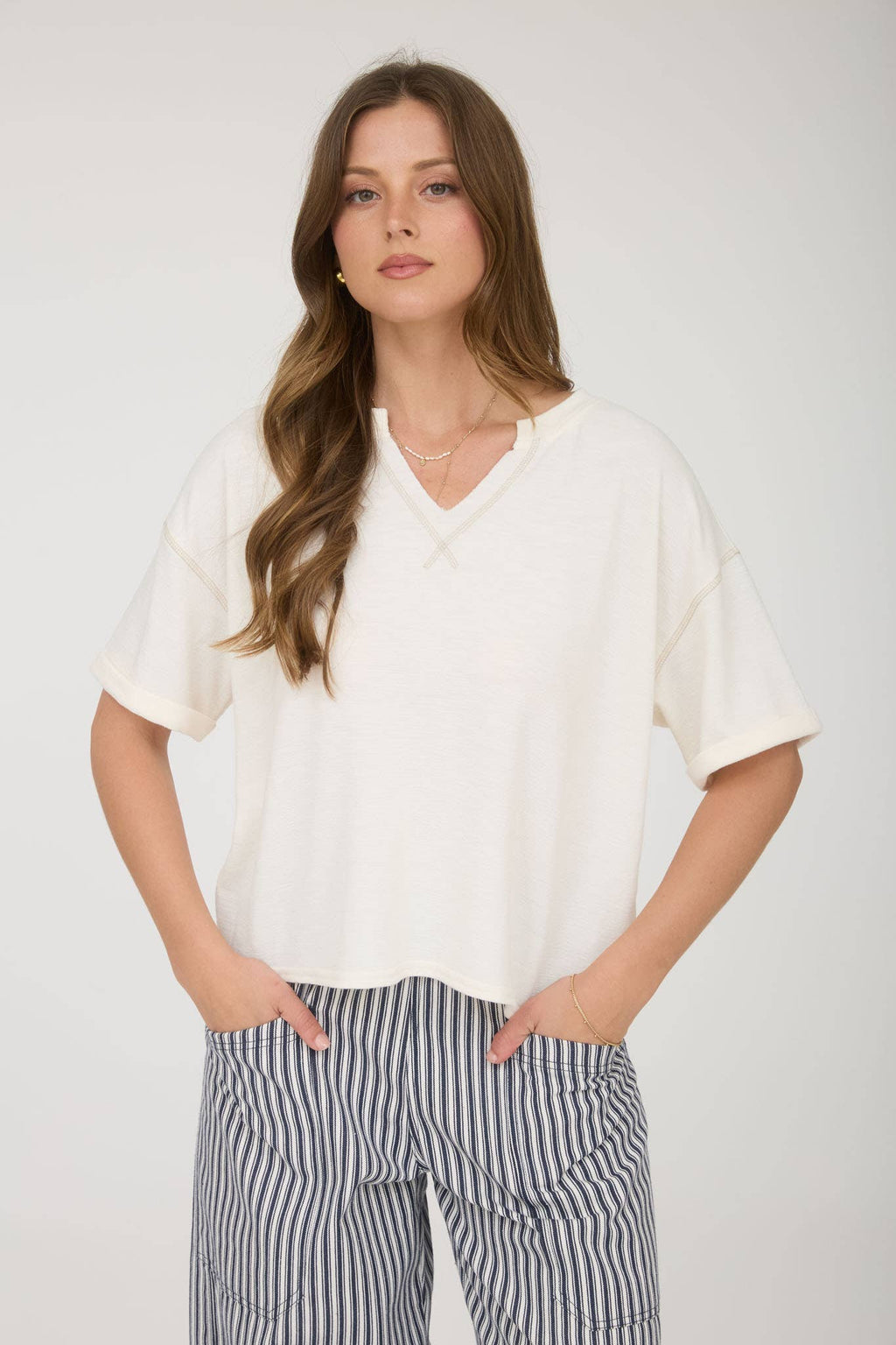 CONTRAST STITCH DROP SHOULDER CUFF SLEEVE KNIT TOP