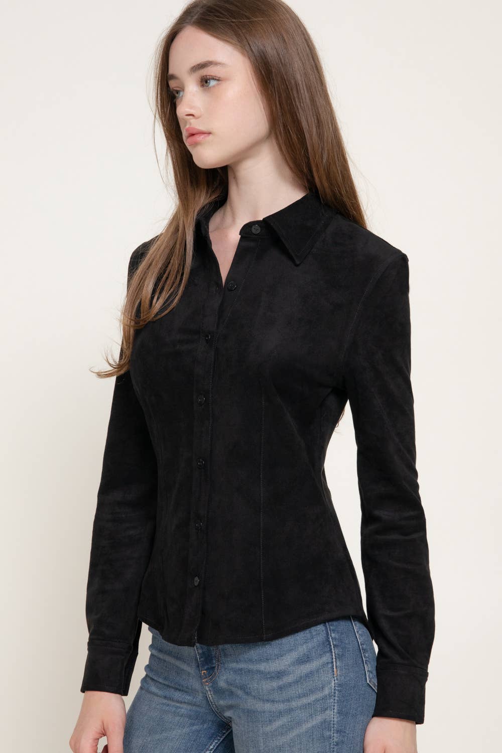 Long Sleeve Button Down Stretch Faux Suede Shirt
