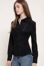 Long Sleeve Button Down Stretch Faux Suede Shirt