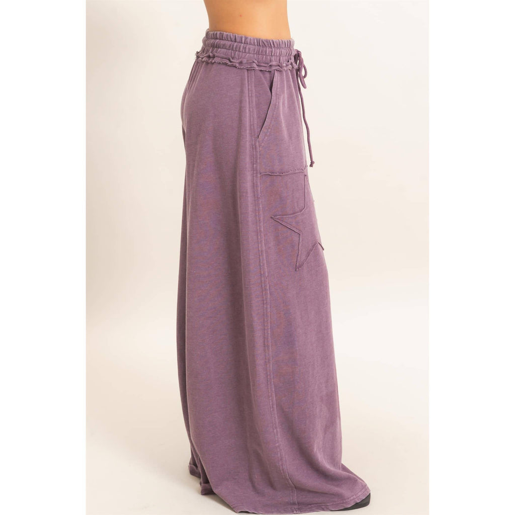 Mineral Wash Star Patch And Print Wide Leg Pants