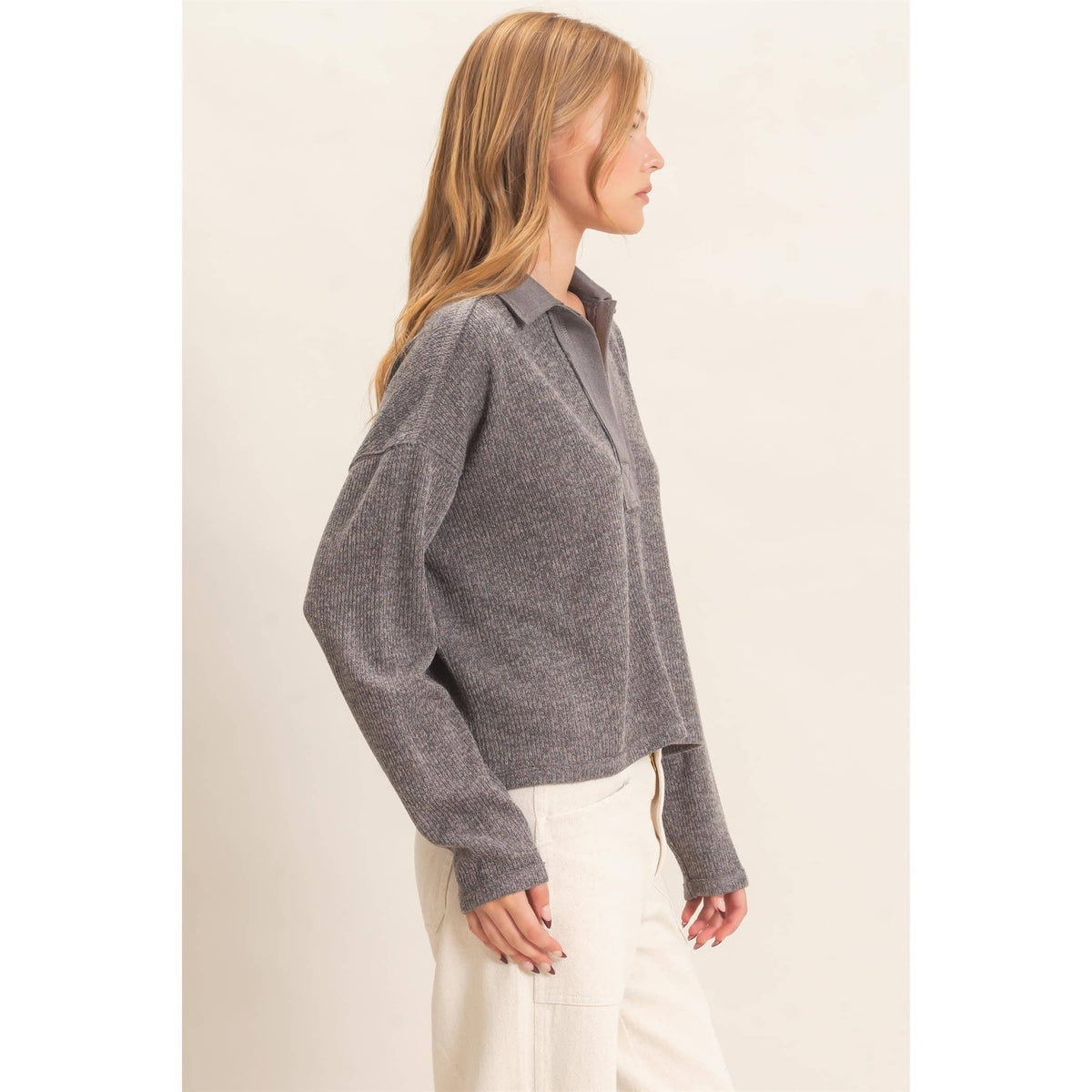 Ribbed Collared Pullover Top
