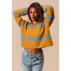 FUZZY HAIRY STRIPE DEEP U NECK SWEATER TOP