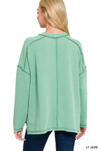 Raised Rib Raw Edge Boat Neck Long Sleeve Top