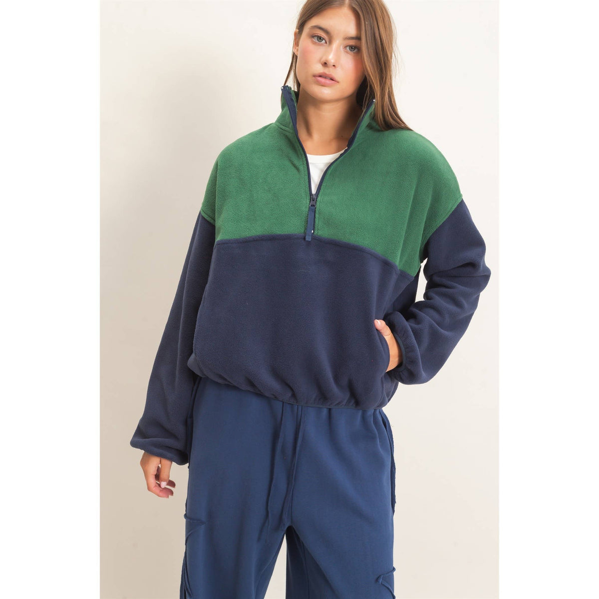 Fleece Color Contrast Half Zip Pullover