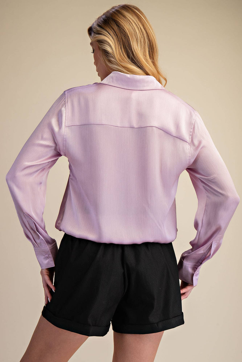 Collar Neck Long Sleeve Adjustable Drawstring Hem Shirt