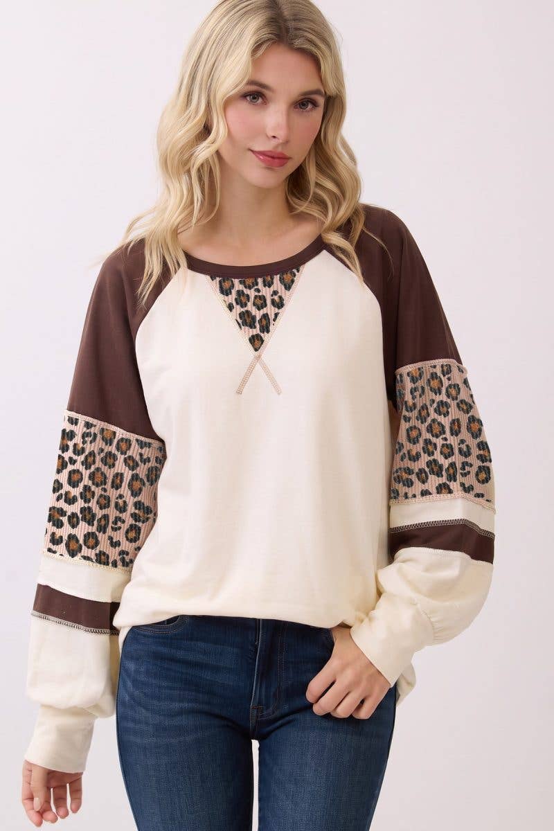 Leopard Print Color Block Raglan Pullover Top