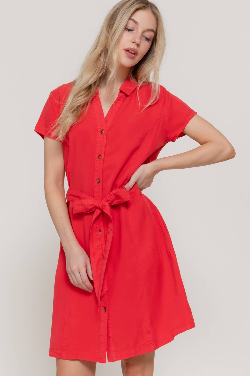 0420 Belted Tencel Shirt Mini Dress w/ Side Pockets SI-26238