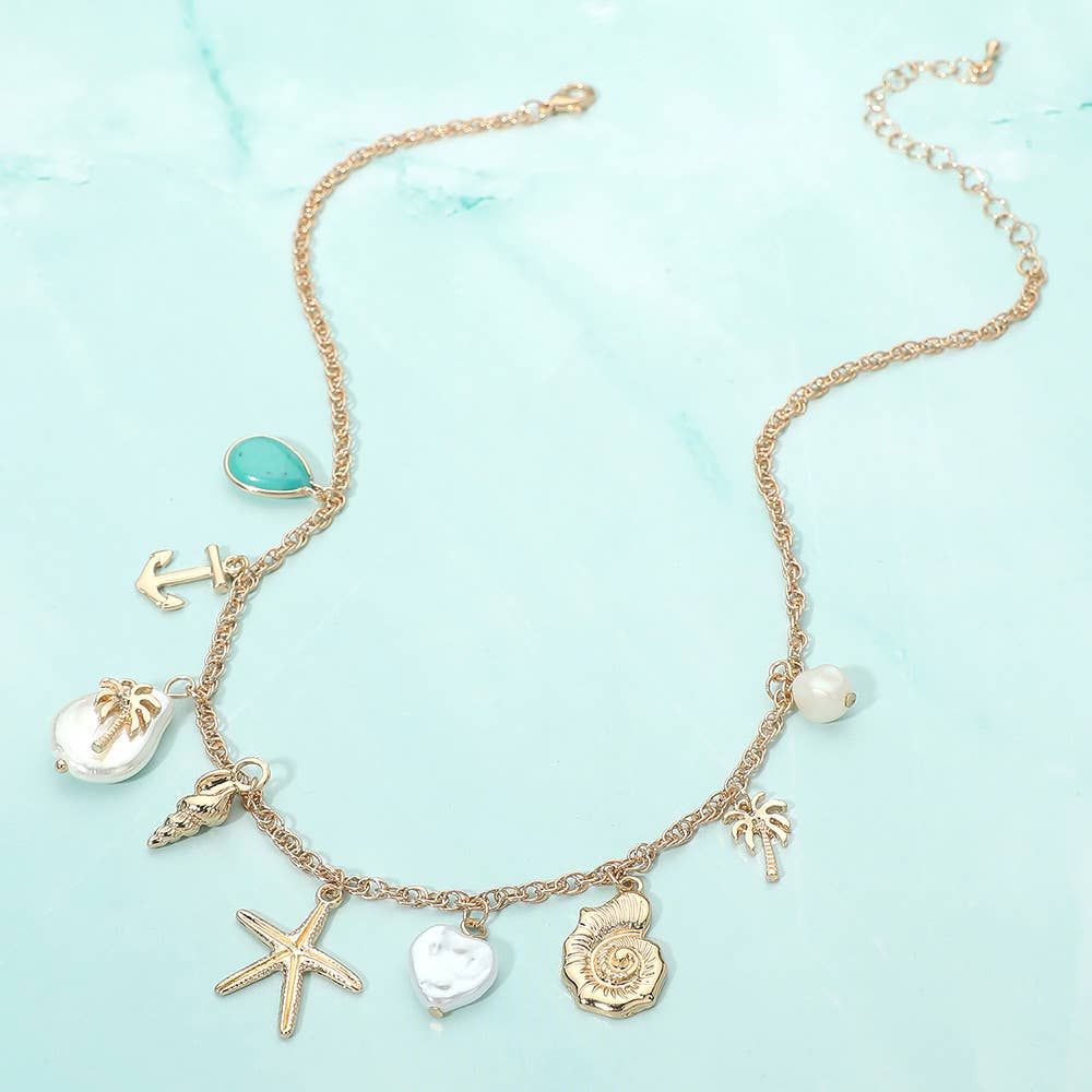 Starfish Anchor Teal Palm Tree Necklace