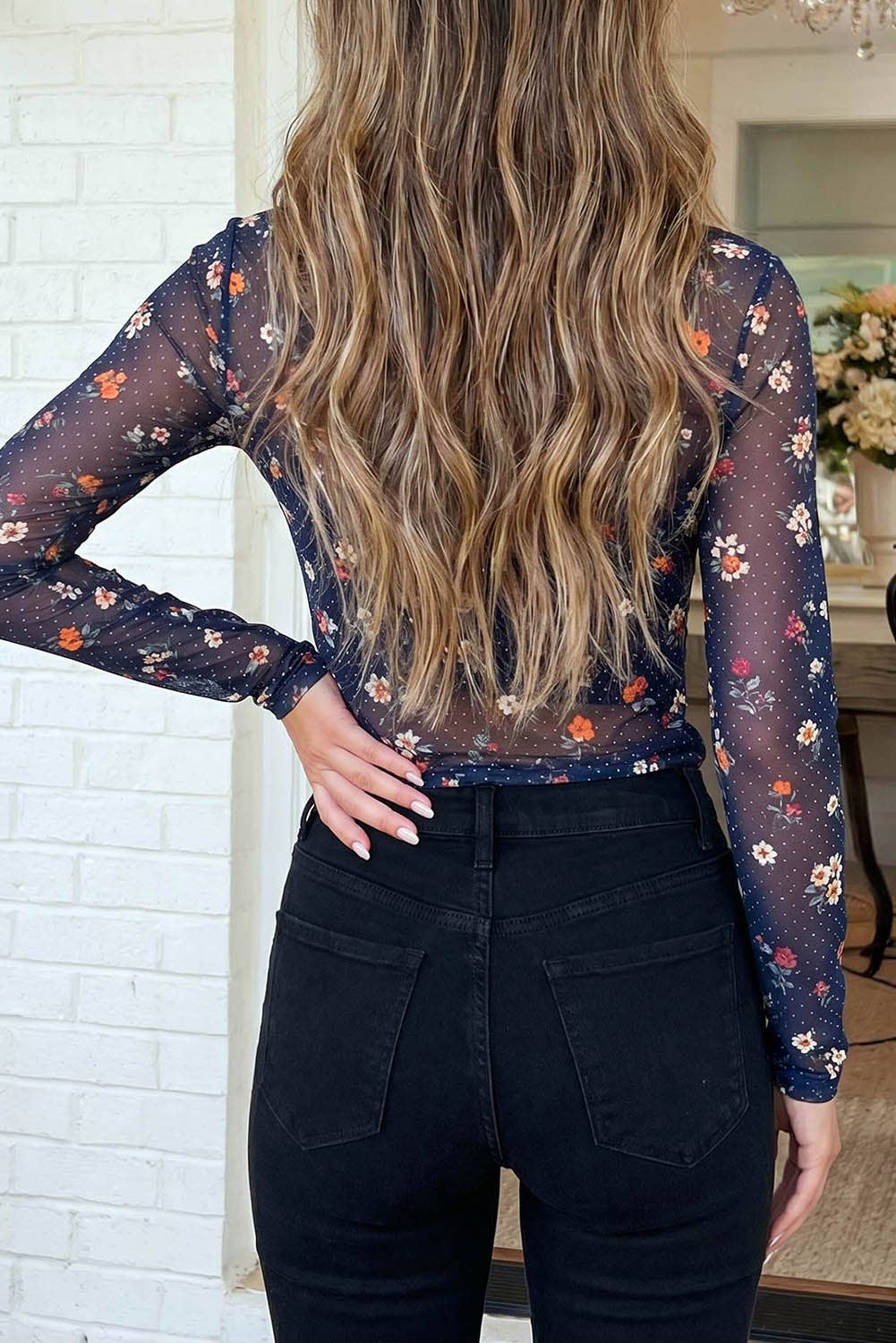 LAS Floral Polka Dot Mesh Mock Neck Sheath Blouse (S-XL)