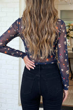 LAS Floral Polka Dot Mesh Mock Neck Sheath Blouse (S-XL)