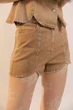 Carly Rhinestone Scallop Denim Shorts