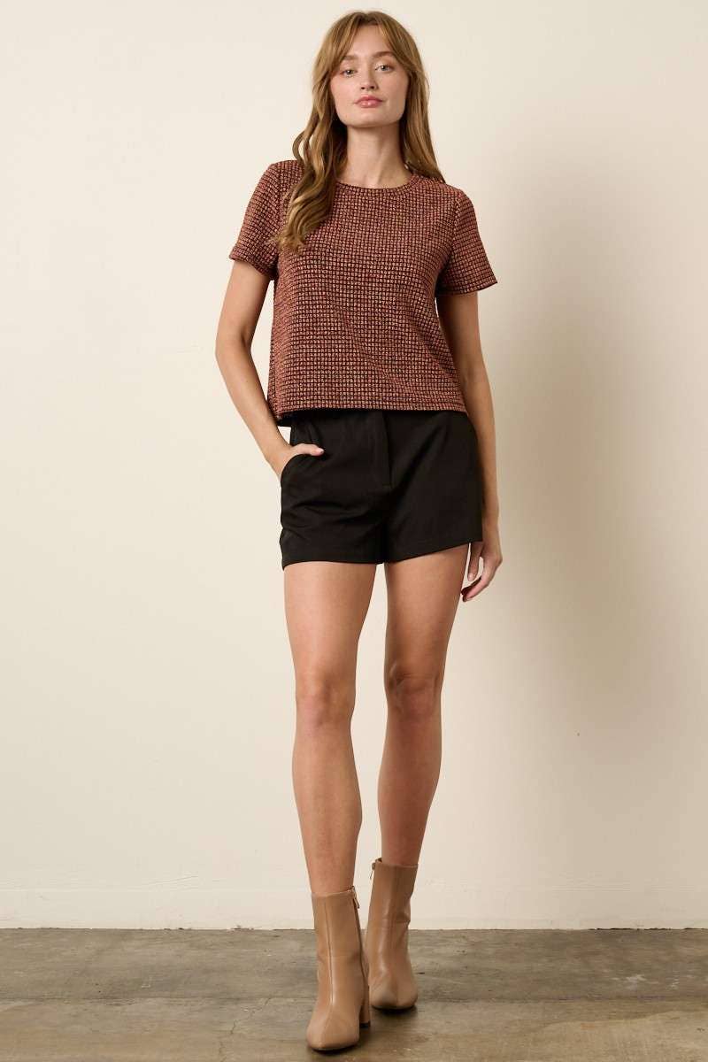 T10373B - GEO PATTERN METALLIC SHORT SLEEVE TOP