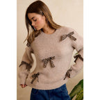 LEOPARD BOW ACCENT SOFT KNIT PULLOVER SWEATER