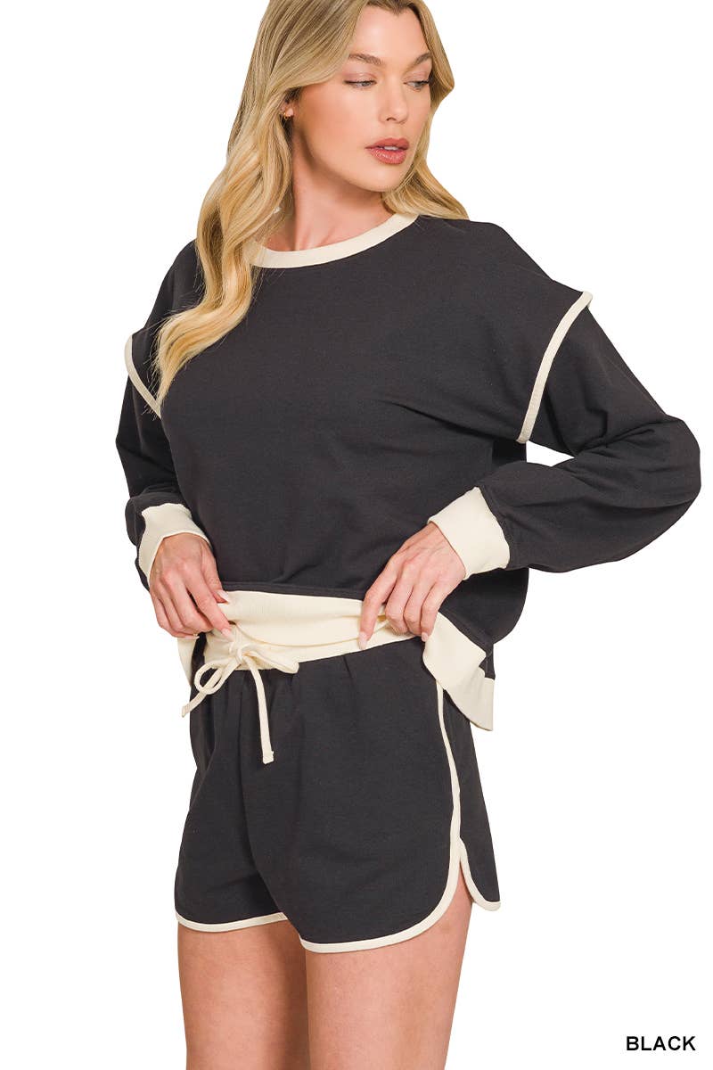 0501 French Terry Contrast Binding Pullover & Shorts Set SI-29799