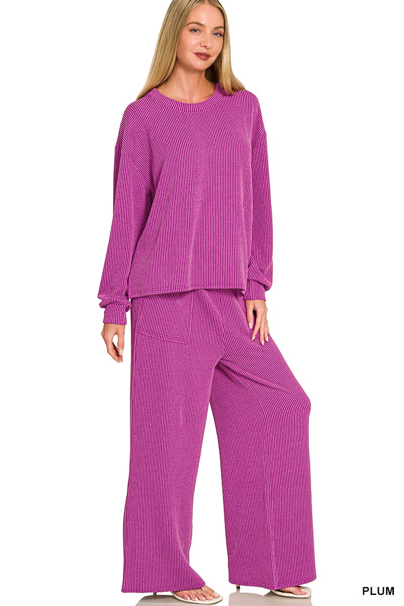 Raised Rib Round Neck Pullover & Pants 2PC Set