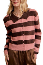 Striped Button Down Collar Knitted Cardigan