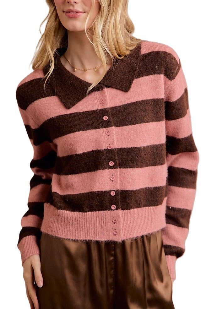Striped Button Down Collar Knitted Cardigan