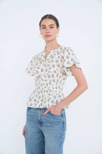FLORAL CLIP DOT SPLIT NECK BELL SLEEVE TOP