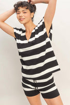 V-neck Top N Striped Shorts Set