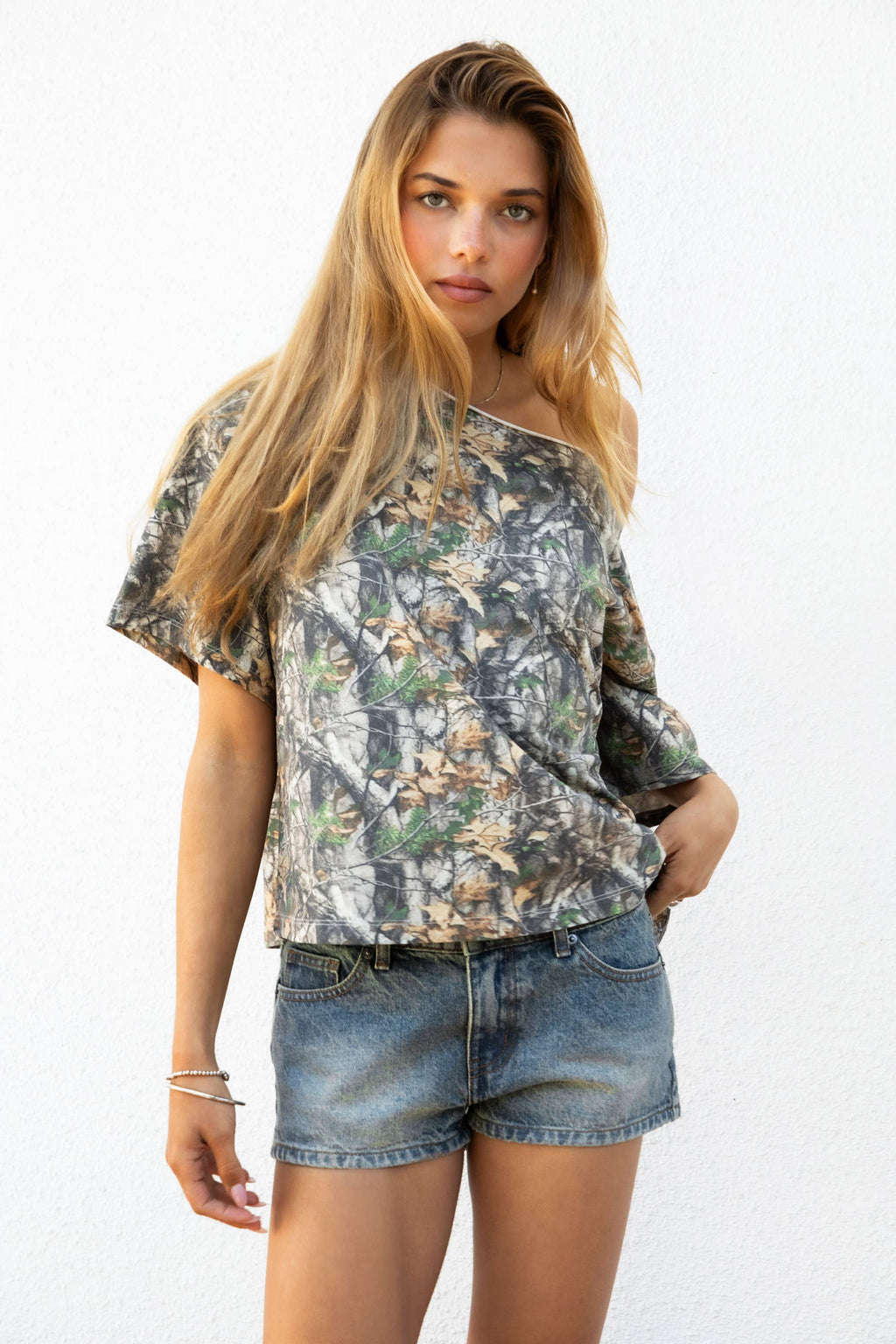 BAYOU Camo Print Oversized One Shoulder T Shirt