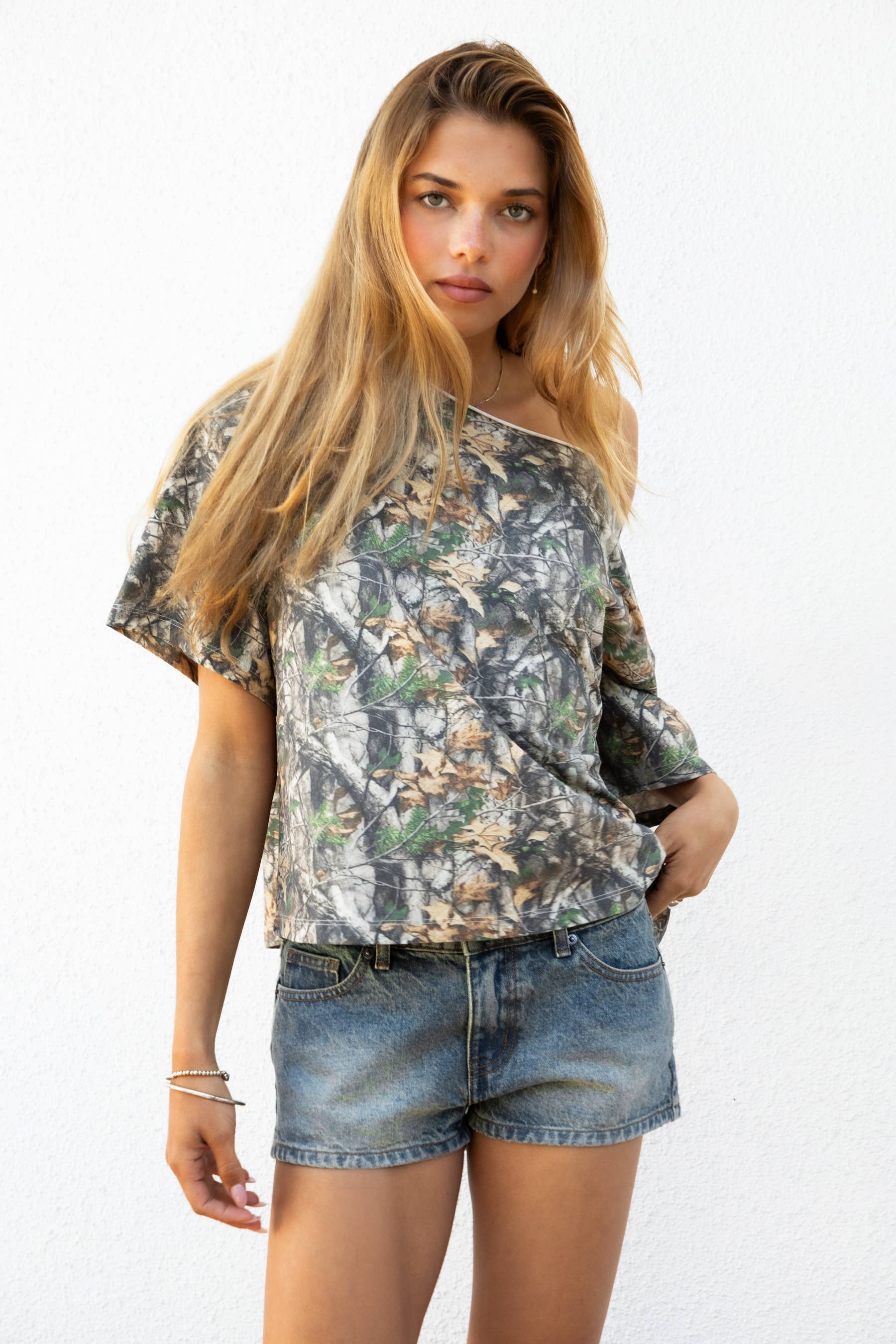 BAYOU Camo Print Oversized One Shoulder T Shirt