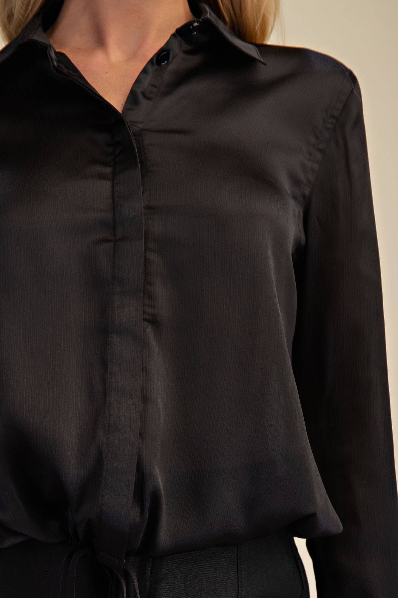 Collar Neck Long Sleeve Adjustable Drawstring Hem Shirt