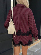 Striped Button Down Shirt & Lace Trim High Waist Shorts Set