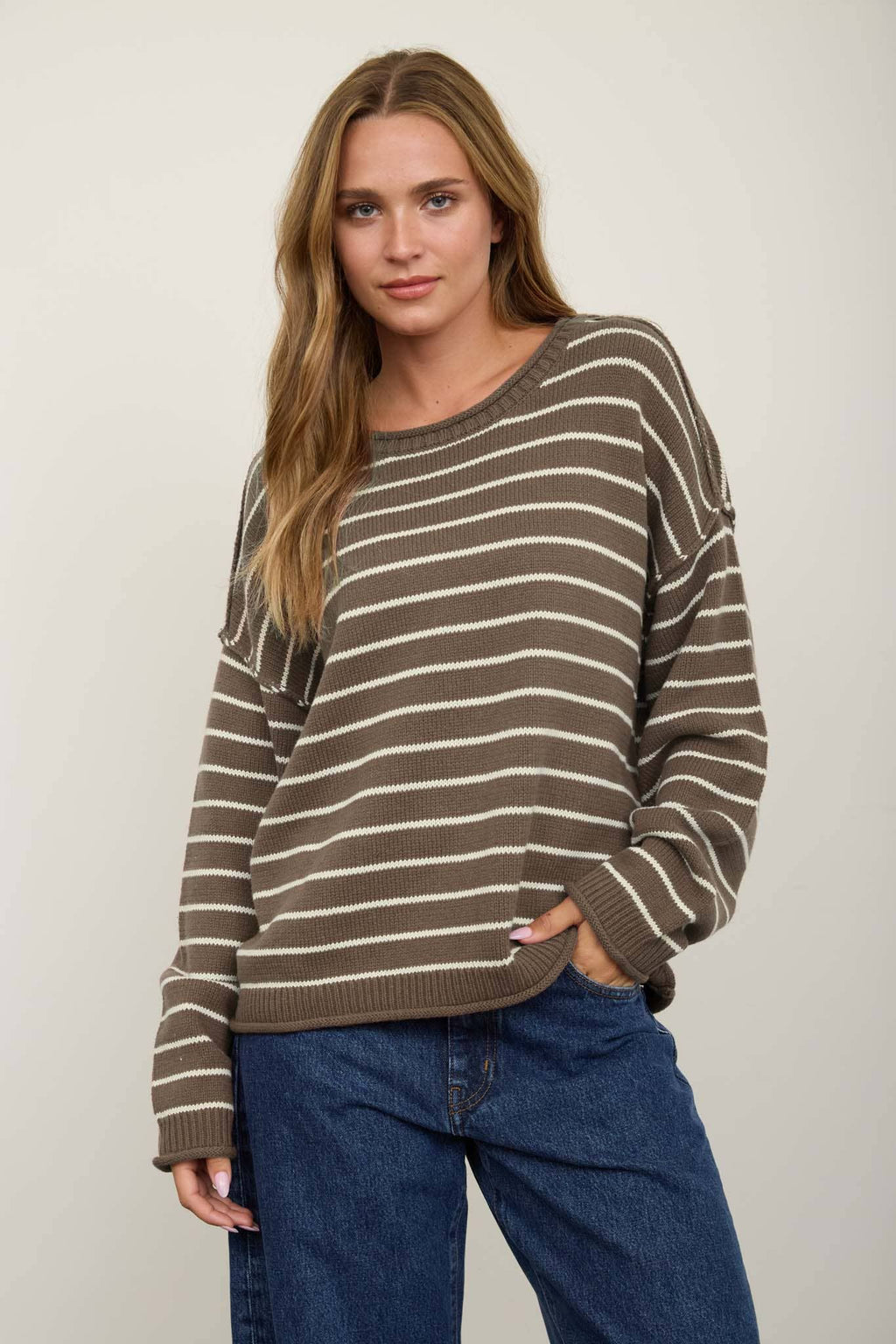 CREAM STRIPED DROP SHOULDER CREW NECK SWEATER
