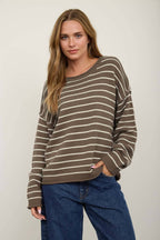 CREAM STRIPED DROP SHOULDER CREW NECK SWEATER