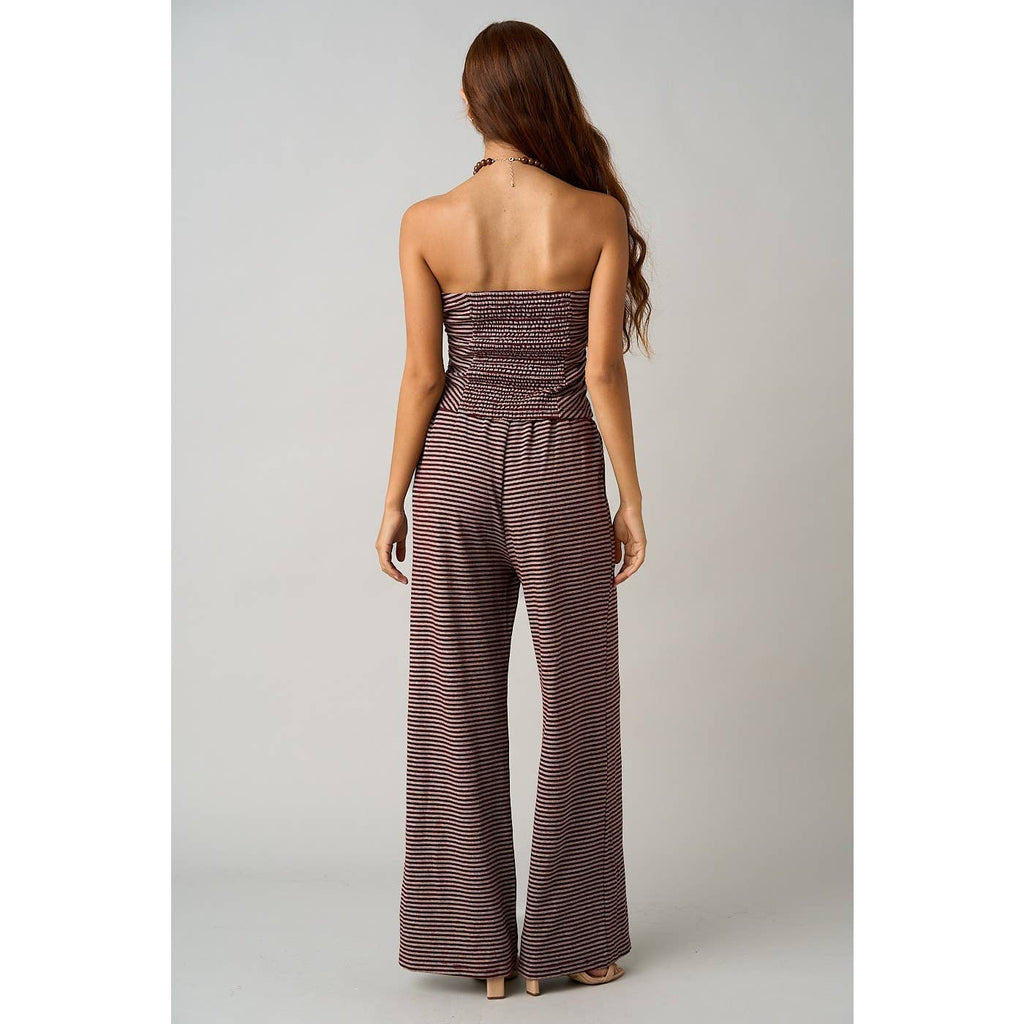 STRIPED PRINT SMOCKED BACK TUBE TOP AND PANTS SET