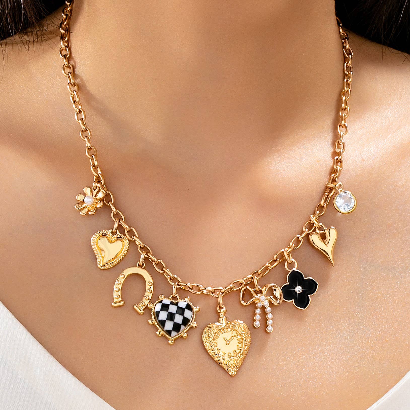 Checkered HeartPearl Bow Multi-Charm Link Necklace| 80N93113