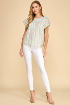 CT8860-Floral Striped Round Neck Ruffle Sleeves Top