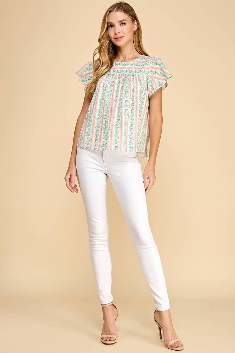 CT8860-Floral Striped Round Neck Ruffle Sleeves Top